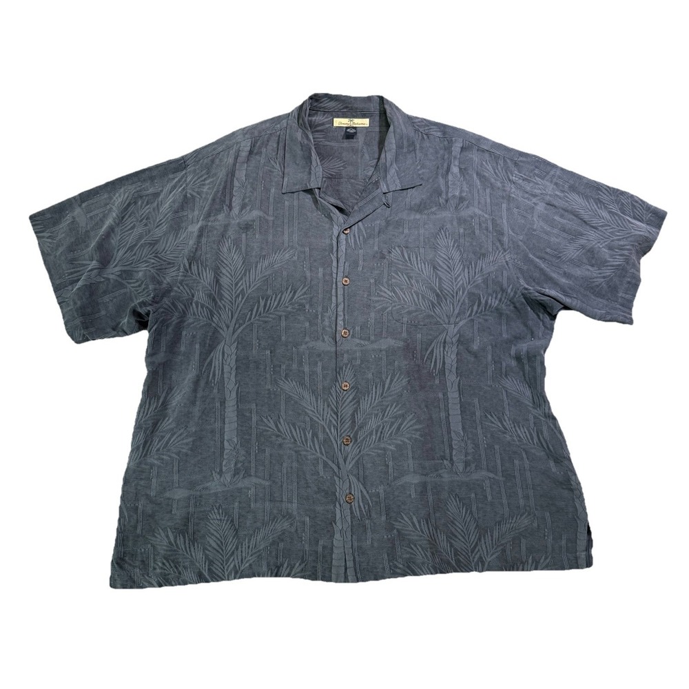 Tommy Bahama Grey Hawaiian Shirt 100% Silk Tropical Leaves Vacation Beach XXL